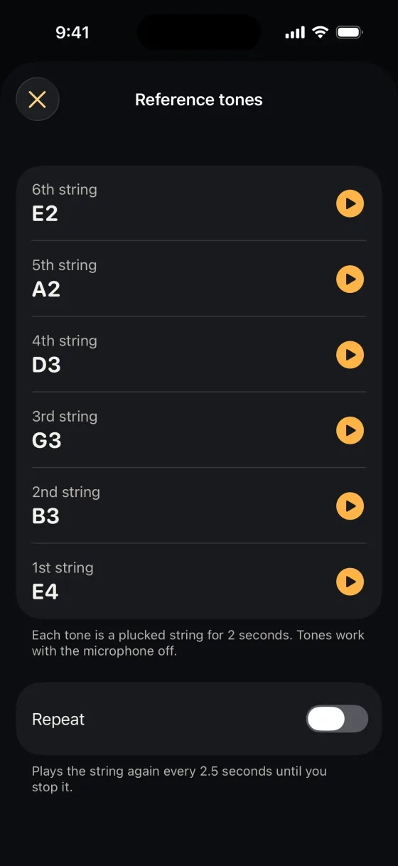 Match it by ear. The Reference tones sheet listing the 6th to 1st strings E2, A2, D3, G3, B3 and E4, each with a play button, and a Repeat switch.