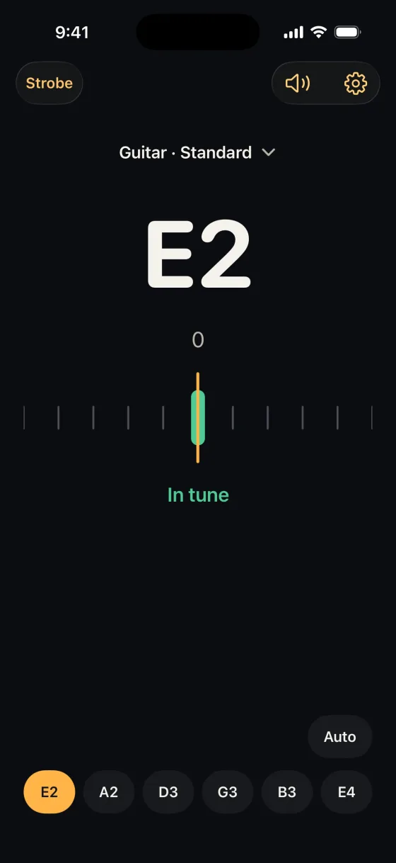 A needle that settles, then says which way. The tuner screen for Guitar, Standard tuning: the note E2, 0 cents, the needle centred in the green band, the line In tune, and the string row E2 A2 D3 G3 B3 E4 with Auto.