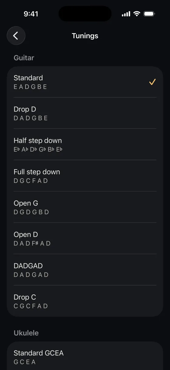 Drop D and open G, free. The Tunings list for Guitar: Standard E A D G B E with a checkmark, Drop D, Half step down, Full step down, Open G, Open D, DADGAD and Drop C, each with its note names.